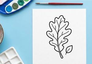Garis seni minimalis daun ek dan biji ek. Ilustrasi botani elegan untuk desain bertema alam.