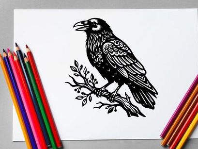 Ilustrasi detail hitam putih elang bertengger di dahan