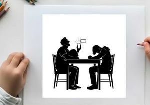 Silhouette of family sitting at a table with a child playing