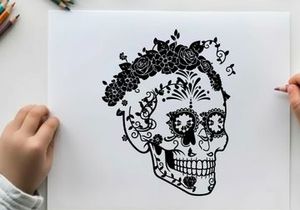 Day of the dead sugar skull silhouette with floral crown