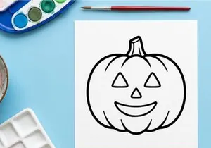 Hand-drawn Halloween pumpkin jack-o-lantern smiling face illustration. Cute black and white sketch of carved autumn squash with triangle eyes and t...