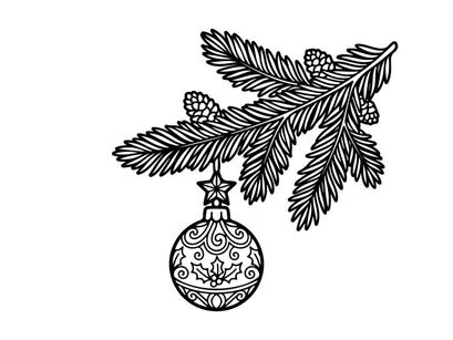 Hand-drawn Christmas ornament with pine branches and golden globe hanging for festive holiday decor