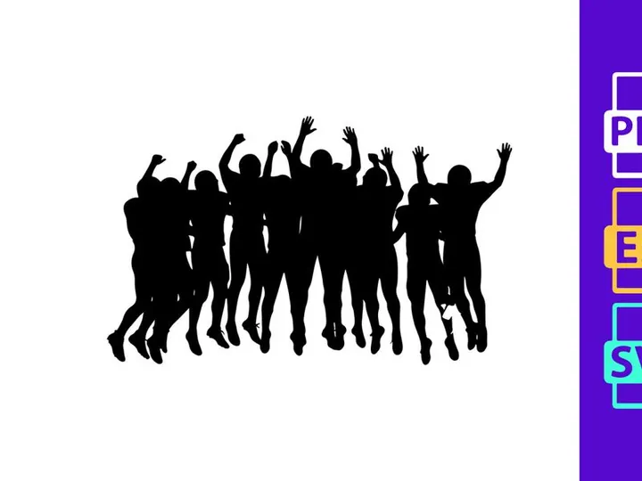 A group of people jumping in the air with their arms raised in celebration together