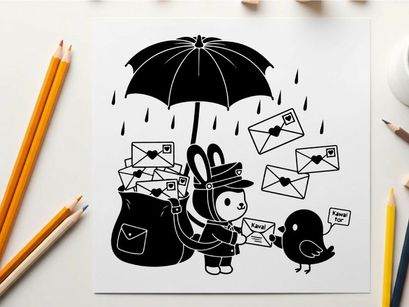 A silhouette of a postal worker with umbrella on a rainy day delivering mail