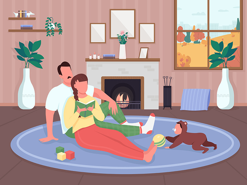 Family relax at home flat color vector illustration