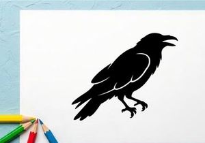 Silhouette of a Crow Perched on a Branch in Black and White