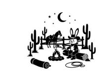 Desert night silhouette cowboy bunny by campfire under starry sky with silhouette
