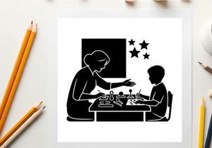Silhouette of a woman teaching a child to play chess with stars