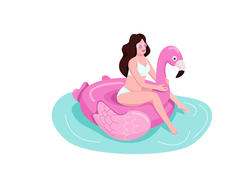 Girl sits on inflatable flamingo flat color vector faceless character