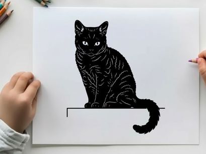 Silhouette of a black cat sitting on a ledge looking alert