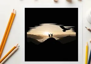 Silhouette of people and airplane at sunset on a mountain