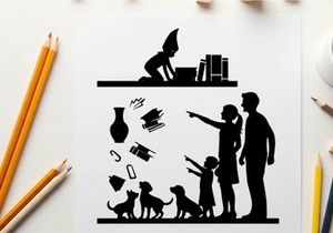 Silhouette of family and child with pets and messy room