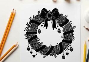 Black and white silhouette christmas wreath with bow and ornaments