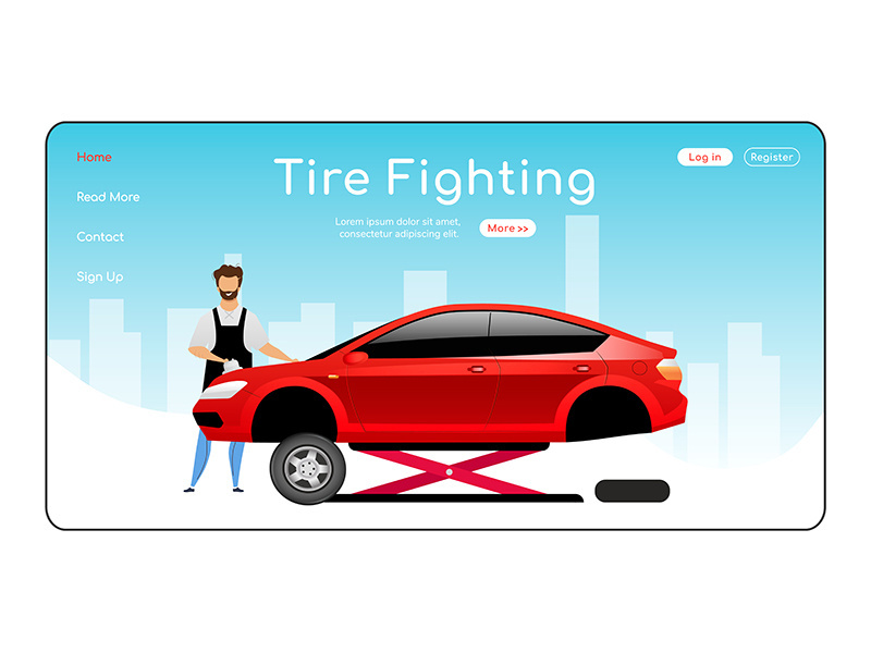 Tire fitting landing page flat color vector template