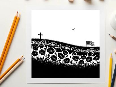 Silhouette of poppies cross and american flag on a hill