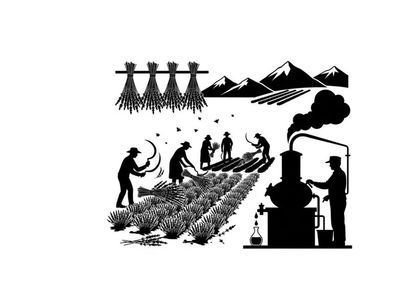 Silhouette of people working in a field with mountains and silhouette