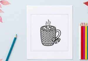 Schwarz-weiß-Linienkunst einer Tasse mit Marshmallows