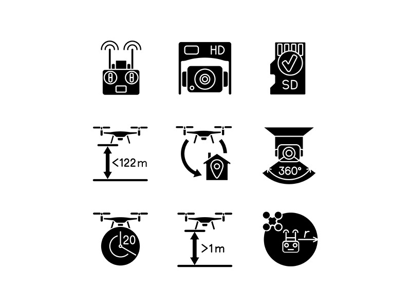 Drone care black glyph manual label icons set on white space