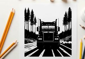 Black silhouette of a semi truck driving down a forest road