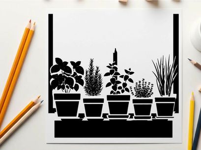 Silhouette of six potted plants on a windowsill