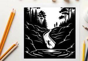 Silhouette of a person jumping into a serene lake at dusk surrounded by trees