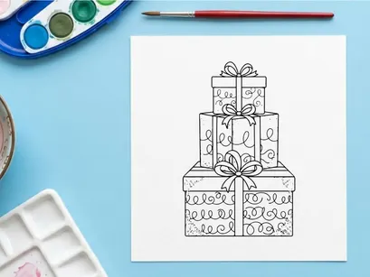 Hand-drawn stacked Christmas gift boxes with ribbons and floral pattern for festive holiday decor