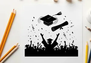 Graduation celebration silhouette with cap diploma and confetti
