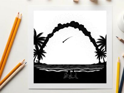 Comet or meteor passing over tropical island in silhouette