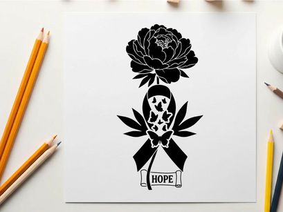 Silhouette of a skull with a flower and ribbon symbolizing hope