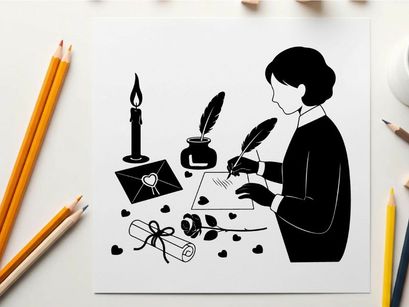 Victorian silhouette of a woman writing a letter by candlelight