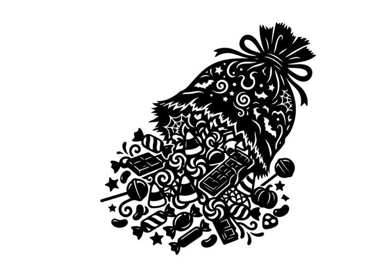 Black and white silhouette of a festive Christmas stocking filled with gifts