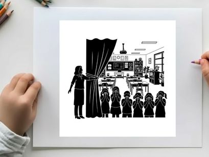 Silhoueta de un profesor y niños en un aula con cortinas