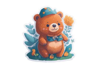 cute teddy bears stickers with flowers and leaves, isolated in white background