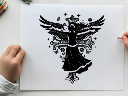 Silhouette of angel with wings and crosses silhouette