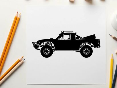 Silhouette of a pickup truck with a palm tree in the back