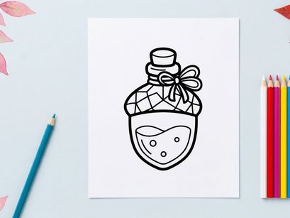 Cute cartoon perfume bottle with smiling face for Halloween. Whimsical scented container illustration with bow and floral decoration.