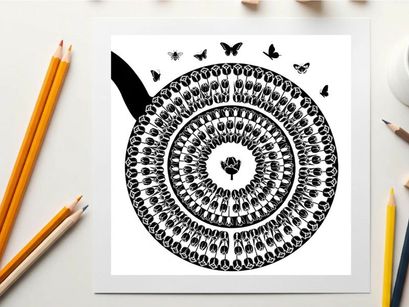 Silhouette of a butterfly garden scene with a spiral pattern