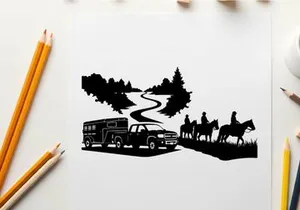 Silhouette of horseback riders and emergency response truck on a winding road