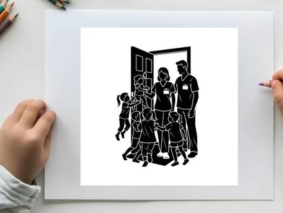Family entering home with children running silhouette
