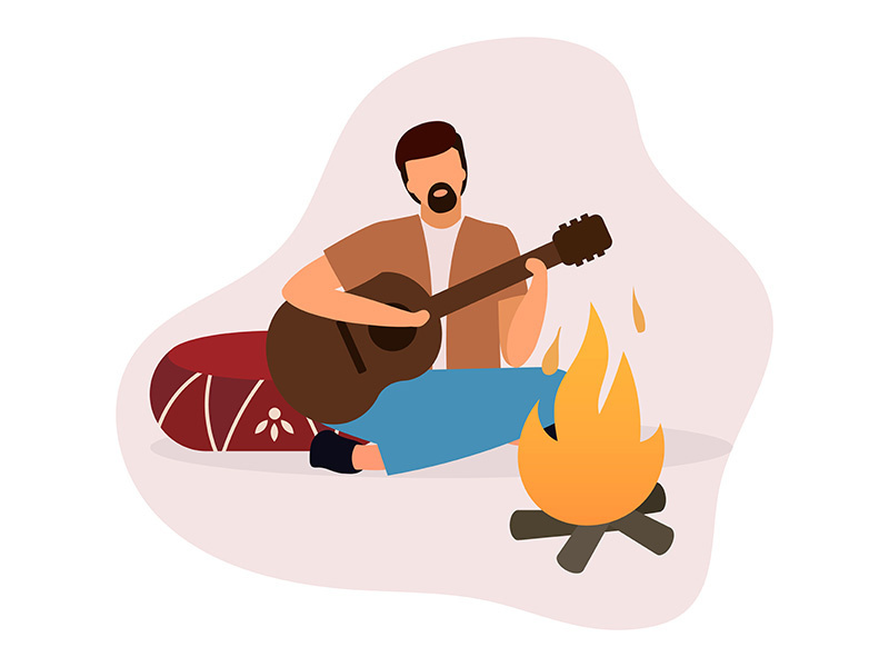 Man playing guitar near bonfire flat vector illustration