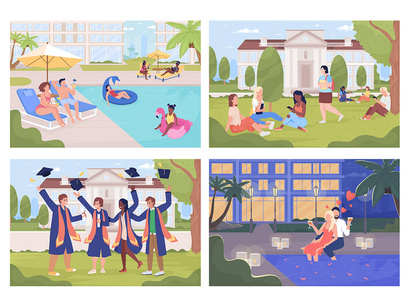 Public and private places in city illustrations set