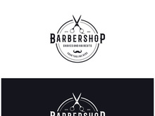 Barbershop logo vintage, retro, haircut, shaving, with scissors, shaving pole, comb, razor. for business, emblems, labels, barber shops, badges.