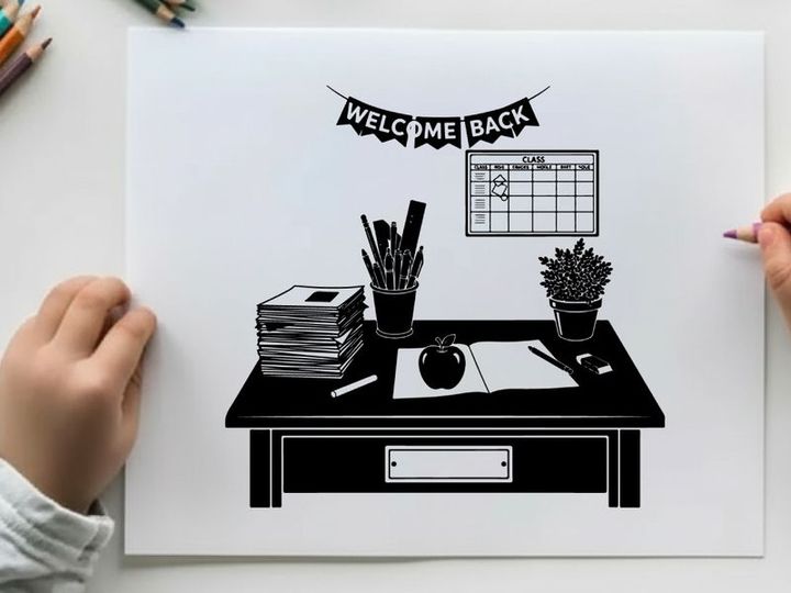 Silhouette of a desk with office supplies and welcome back banner