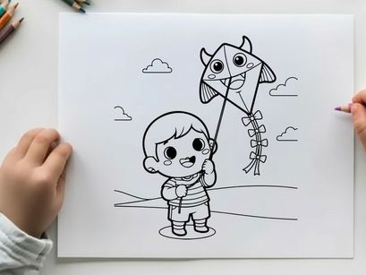 Child flying cow kite playful outdoor vector illustration