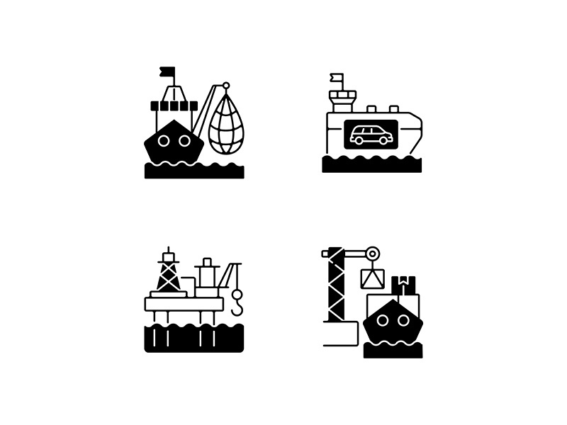 Marine industry sector black linear icons set