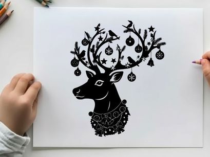 Christmas reindeer silhouette with ornaments and red nose