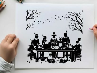 Black silhouette of family in thanksgiving dinner table setting