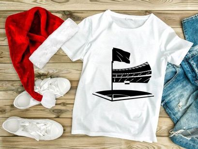 Black and white illustration of a flag waving on a pole beside a grandstand