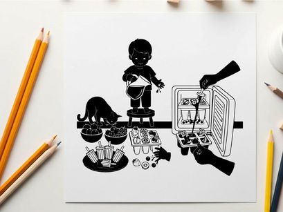 Silhouette of a child and dog near food and refrigerator