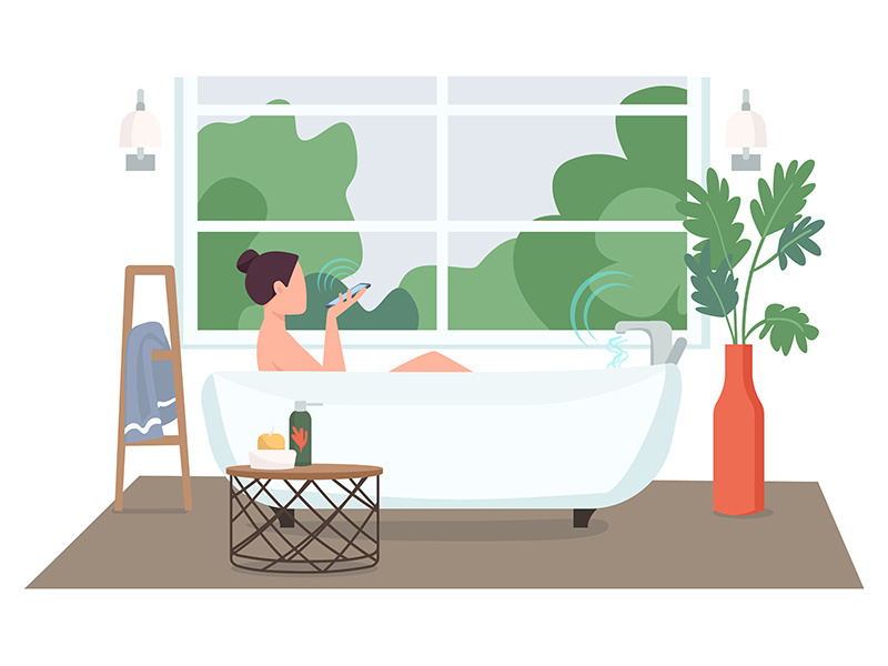 Woman in automated bathroom flat color vector faceless character